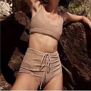 NWT Resin X Free People Obsidian Tan Textured Crop Top & Hi Waist Surf Bottoms